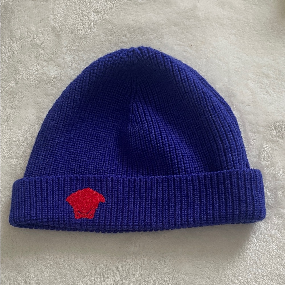 Versace Kids Royal Blue Beanie with Red Medusa Patch